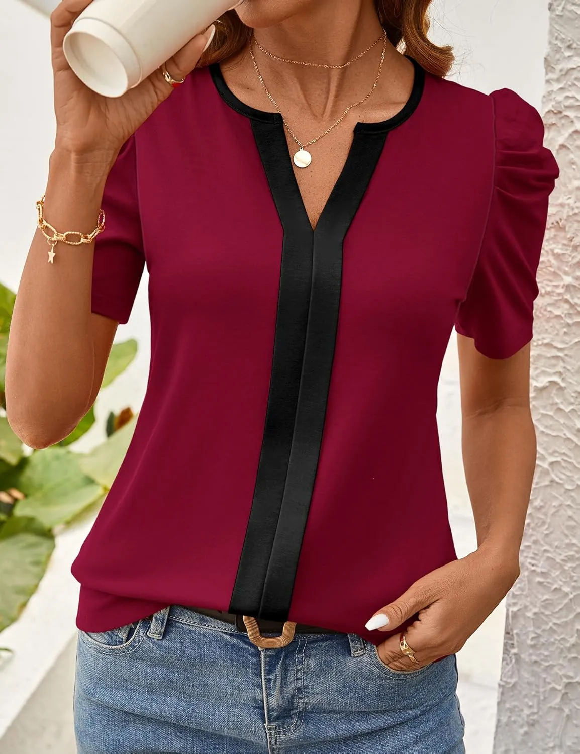 Rapbin Womens Summer Tops 2025 Puff Short Sleeve V Neck T Shirts Dressy Casual Spring Blouses for Women