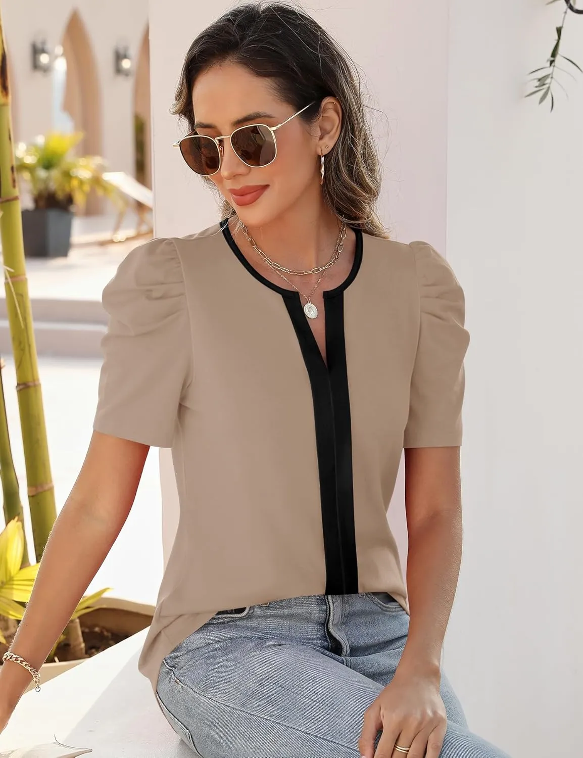 Rapbin Womens Summer Tops 2025 Puff Short Sleeve V Neck T Shirts Dressy Casual Spring Blouses for Women