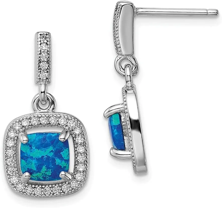Real 925 Sterling Silver Blue Created Opal CZ Cubic Zirconia Studs Post Earrings - 22mm x 11mm