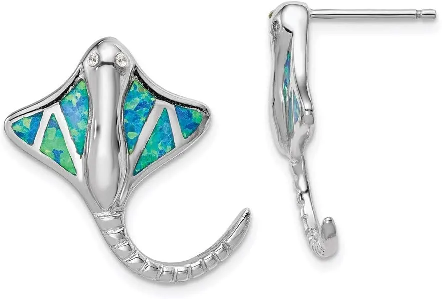 Real 925 Sterling Silver Created Blue Opal Stingray Post Studs Earrings