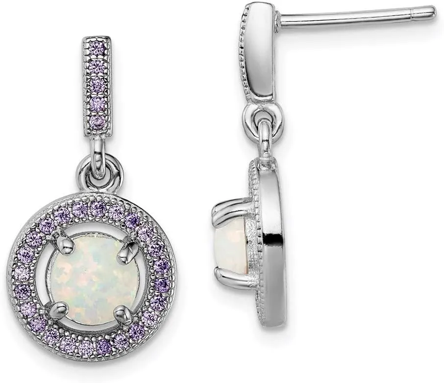 Real 925 Sterling Silver Created Opal Purple CZ Cubic Zirconia Studs Post Earrings - 22mm x 11mm