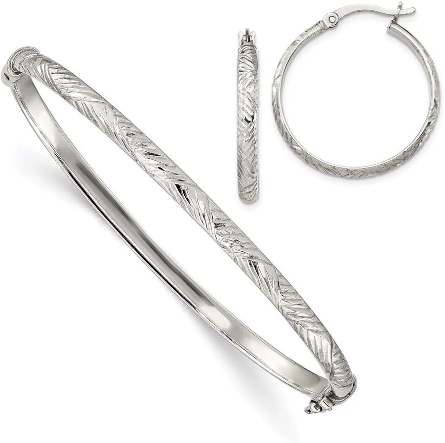 Real 925 Sterling Silver Diamond-Cut Bangle Cuff Bracelet 4mm and Hoop 3mm Earring Set