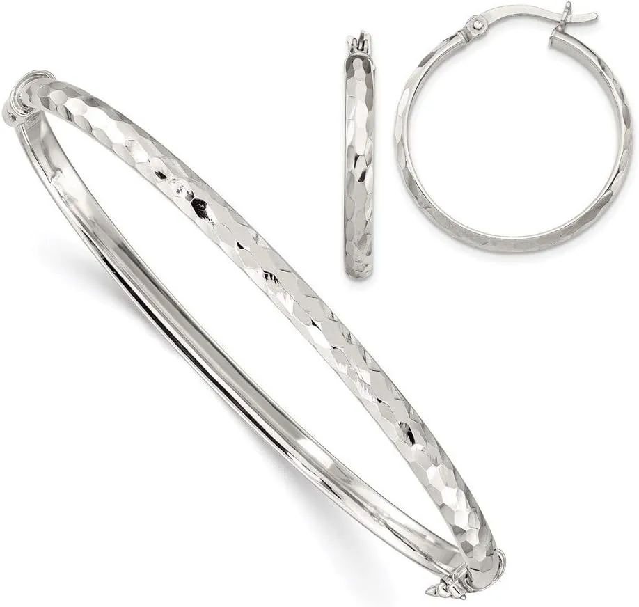 Real 925 Sterling Silver Diamond-Cut Bangle Cuff Bracelet 4mm and Hoop 3mm Earring Set