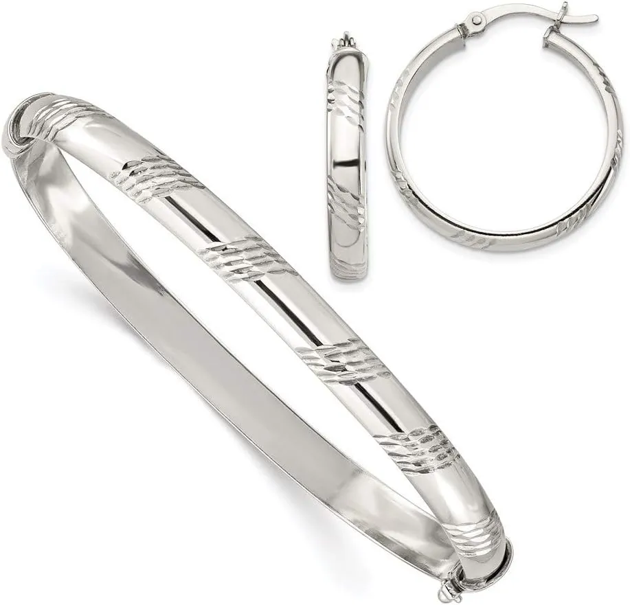 Real 925 Sterling Silver Diamond-Cut Bangle Cuff Bracelet 6mm and Hoop 4mm Earring Set