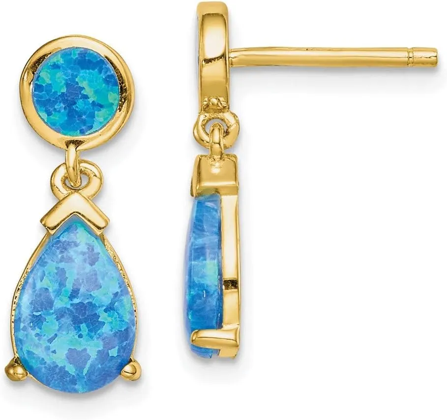 Real 925 Sterling Silver Yellow Gold-Tone Created Blue Opal Teardrop Studs Post Dangle Earrings