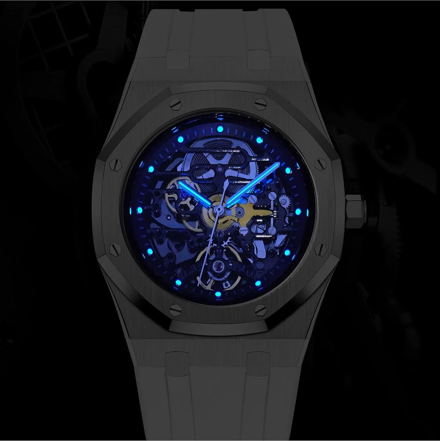 Redhai Automatic Mechanical Watch Skeleton Stainless 50M Waterproof Anti Shock Casual Diver Men Wrist Watch Sterling Watches Chronograph Analog Business Casual Fashion Adjustable Silicone Band