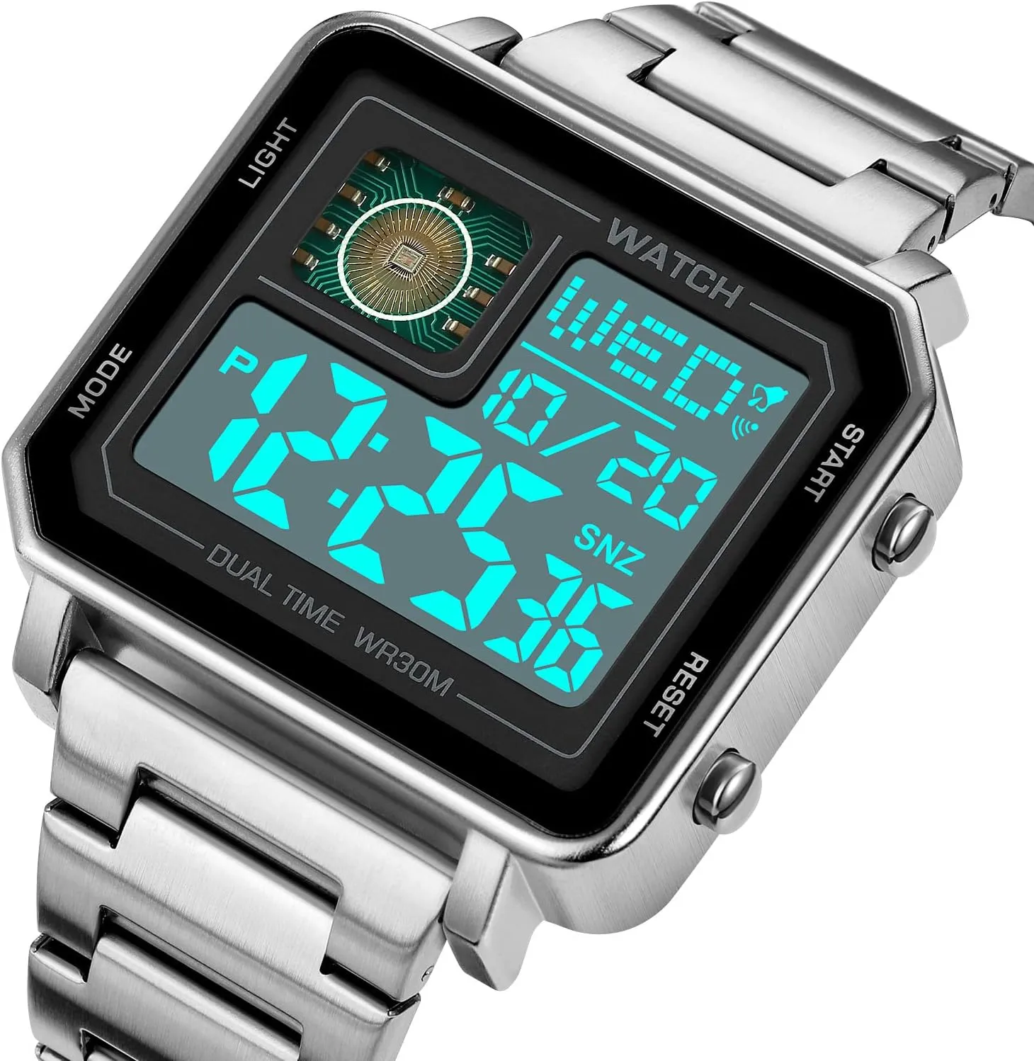 Reginald Watches for Men Fashion Trend Multifunction Outdoor Sports Watch LED Large Digital Display Chronograph Stainless Steel Square Watches