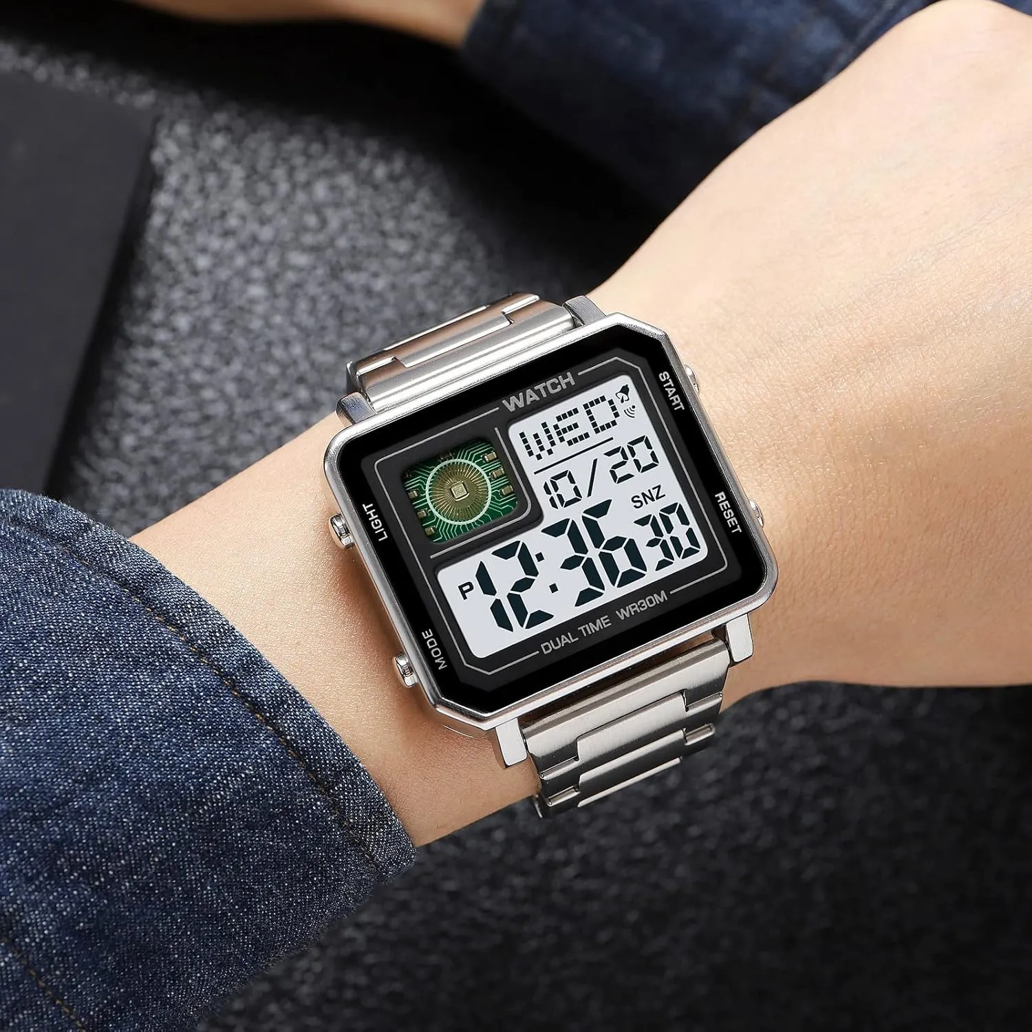 Reginald Watches for Men Fashion Trend Multifunction Outdoor Sports Watch LED Large Digital Display Chronograph Stainless Steel Square Watches