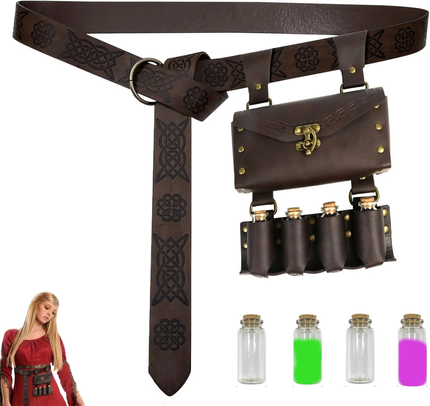 Renaissance Accessories, Medieval Faux Leather Renaissance Belt Bag, Ren Faire Accessories For Women And Men Medieval Belt Pouch With 4 Potion Bottle, Fantasy Wizard Waist Pouch Cosplay Costume