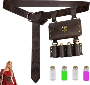 Renaissance Accessories, Medieval Faux Leather Renaissance Belt Bag, Ren Faire Accessories For Women And Men Medieval Belt Pouch With 4 Potion Bottle, Fantasy Wizard Waist Pouch Cosplay Costume