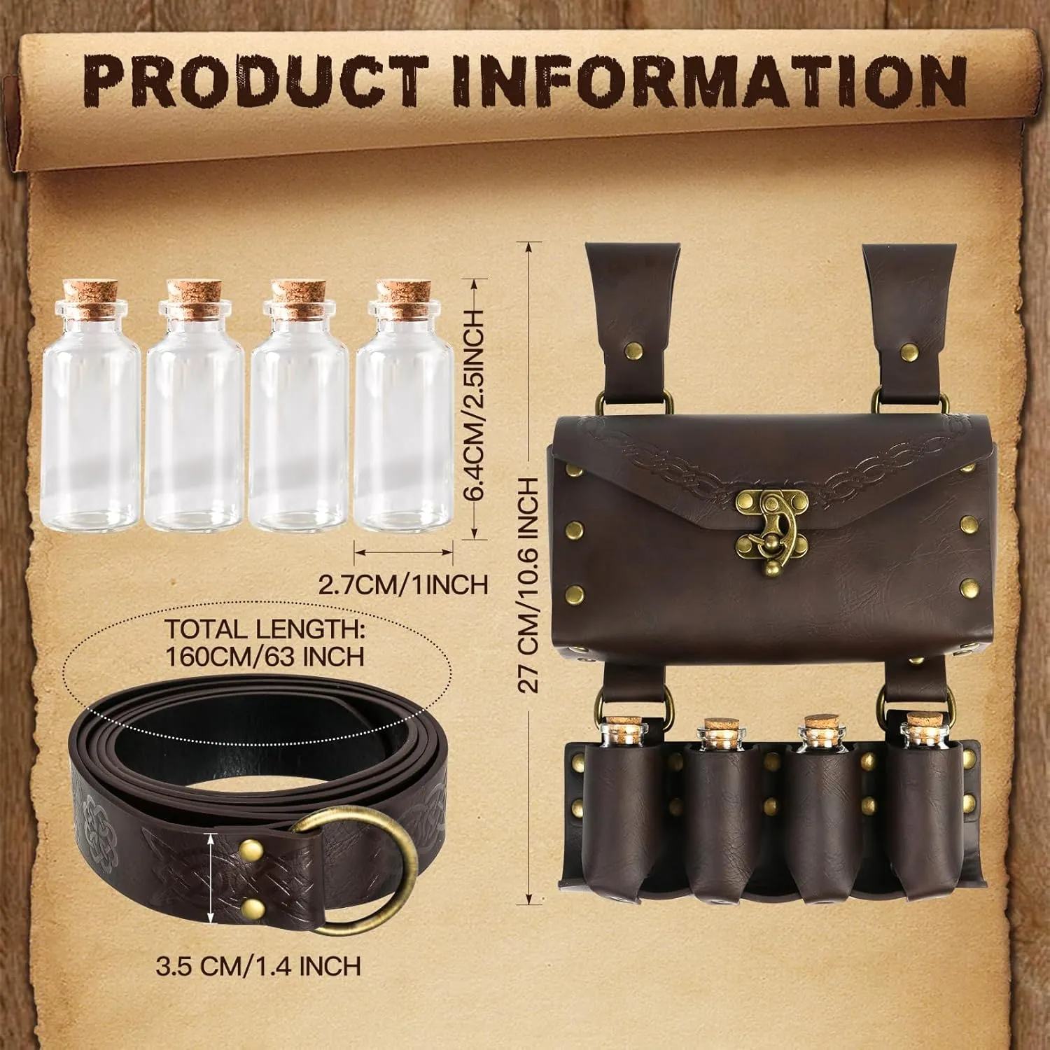 Renaissance Accessories, Medieval Faux Leather Renaissance Belt Bag, Ren Faire Accessories For Women And Men Medieval Belt Pouch With 4 Potion Bottle, Fantasy Wizard Waist Pouch Cosplay Costume