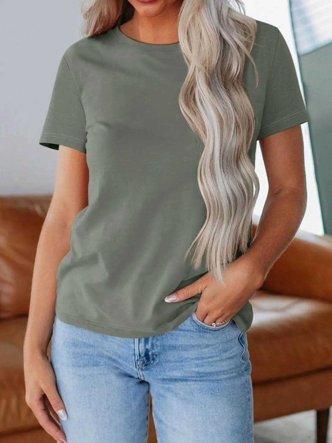 REORIA Womens Summer Crewneck Short Sleeve Cotton Tunic Tops Loose Fit Solid T Shirts 2025 Basic Tees
