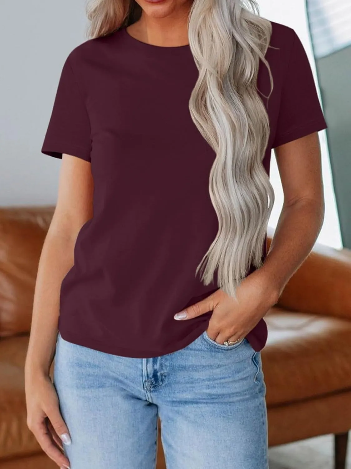 REORIA Womens Summer Crewneck Short Sleeve Cotton Tunic Tops Loose Fit Solid T Shirts 2025 Basic Tees