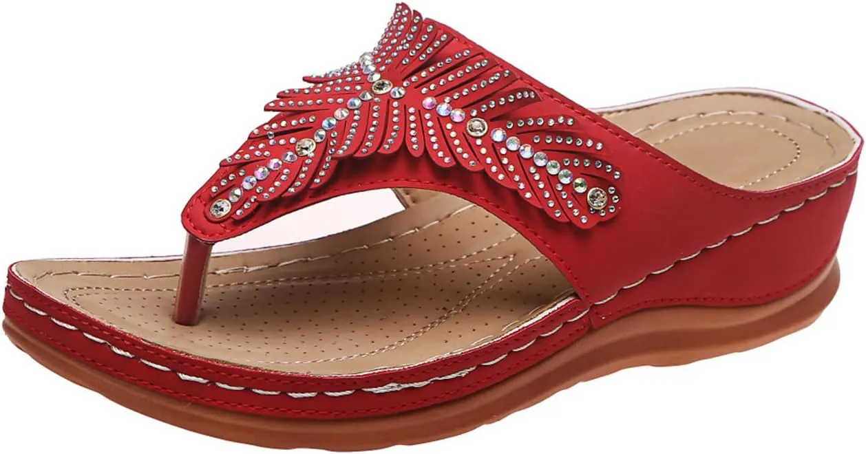 Rhinestone Wedge Sandals for Women,Summer Fashion Open Toe T Strap Thong Flip Flops Comfortable Casual Beach Shoes Slippers Wedges Platform Women Black Peach Bling