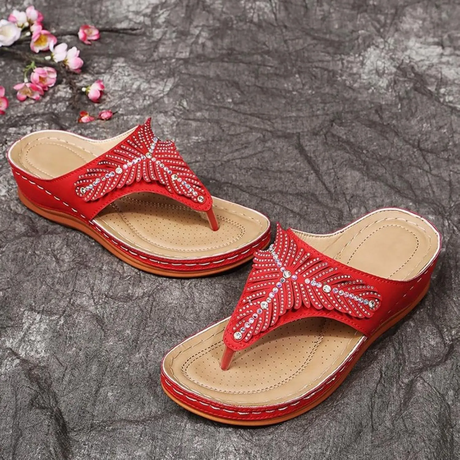 Rhinestone Wedge Sandals for Women,Summer Fashion Open Toe T Strap Thong Flip Flops Comfortable Casual Beach Shoes Slippers Wedges Platform Women Black Peach Bling