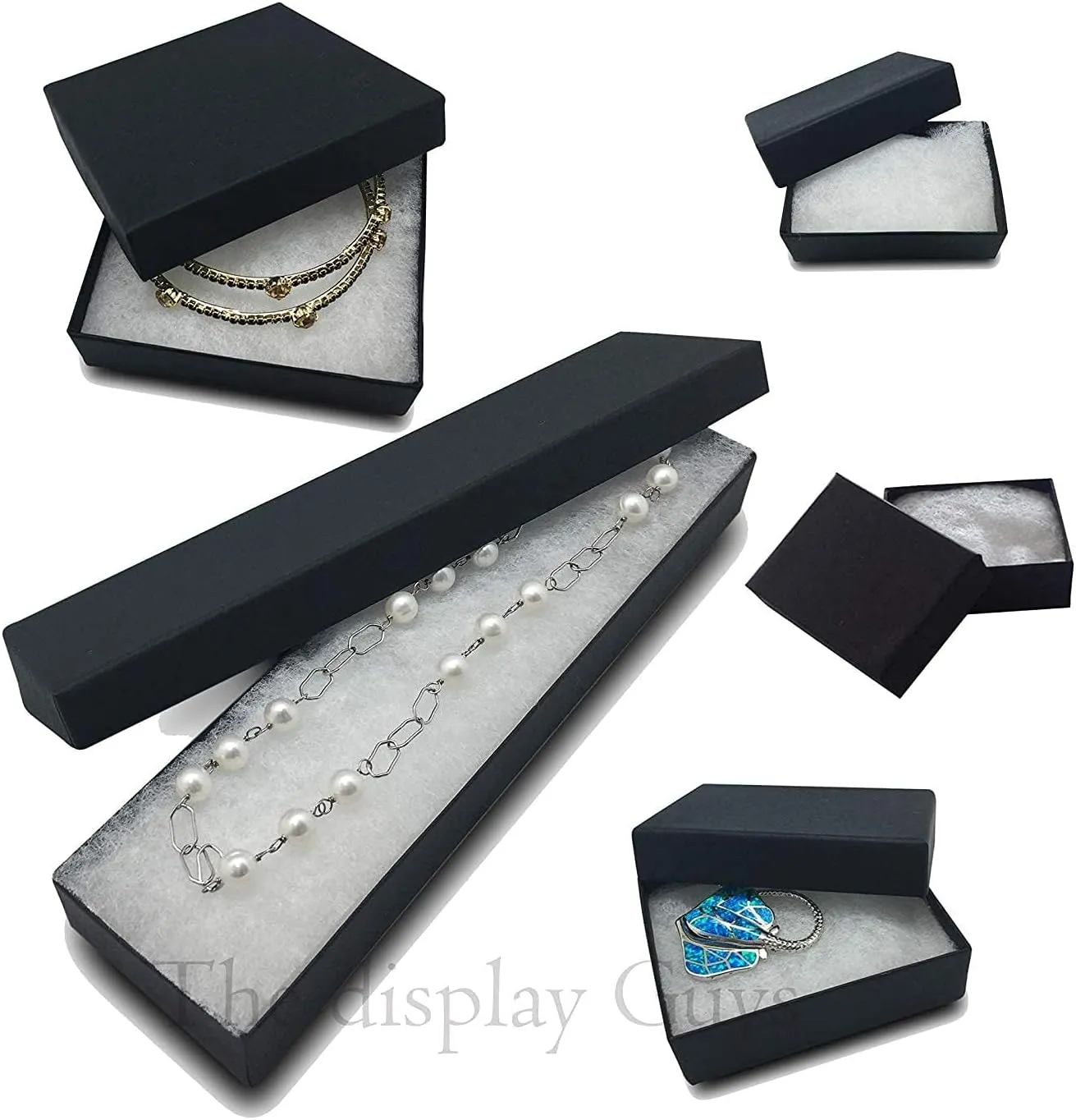 RJ Displays 6 Pack Matte Black Paper Cotton Filled Cardboard Jewelry Gift box Storage Organizer for Necklace, Watch, Bracelets, Pen, Pocket Watches and Anklets Size- (8.1" x 2,2" x 1")