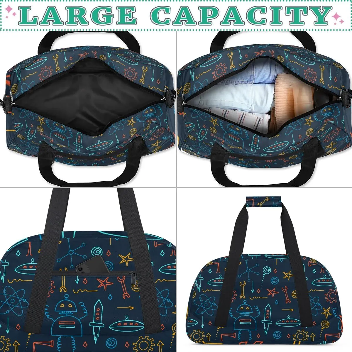 Robot Kids Overnighter Duffel Bags for Boys Girls, Carry-On Size Sports Gym Bag with Front Zipper Pocket for School Practice or Overnight Travel Weekender Sleepover Tote Bag