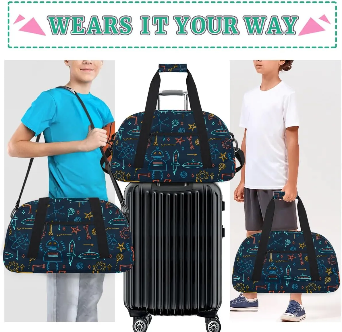 Robot Kids Overnighter Duffel Bags for Boys Girls, Carry-On Size Sports Gym Bag with Front Zipper Pocket for School Practice or Overnight Travel Weekender Sleepover Tote Bag