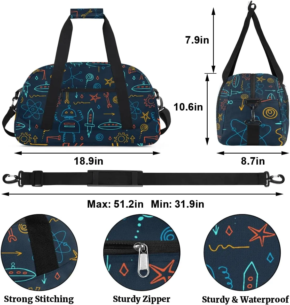 Robot Kids Overnighter Duffel Bags for Boys Girls, Carry-On Size Sports Gym Bag with Front Zipper Pocket for School Practice or Overnight Travel Weekender Sleepover Tote Bag