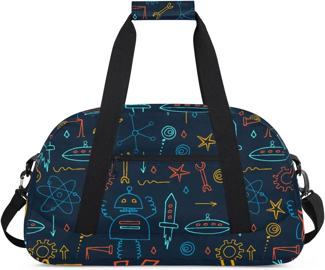 Robot Kids Overnighter Duffel Bags for Boys Girls, Carry-On Size Sports Gym Bag with Front Zipper Pocket for School Practice or Overnight Travel Weekender Sleepover Tote Bag