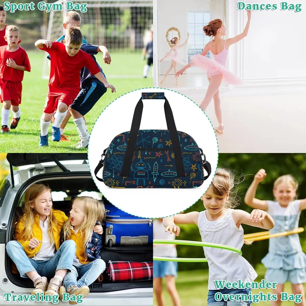 Robot Kids Overnighter Duffel Bags for Boys Girls, Carry-On Size Sports Gym Bag with Front Zipper Pocket for School Practice or Overnight Travel Weekender Sleepover Tote Bag