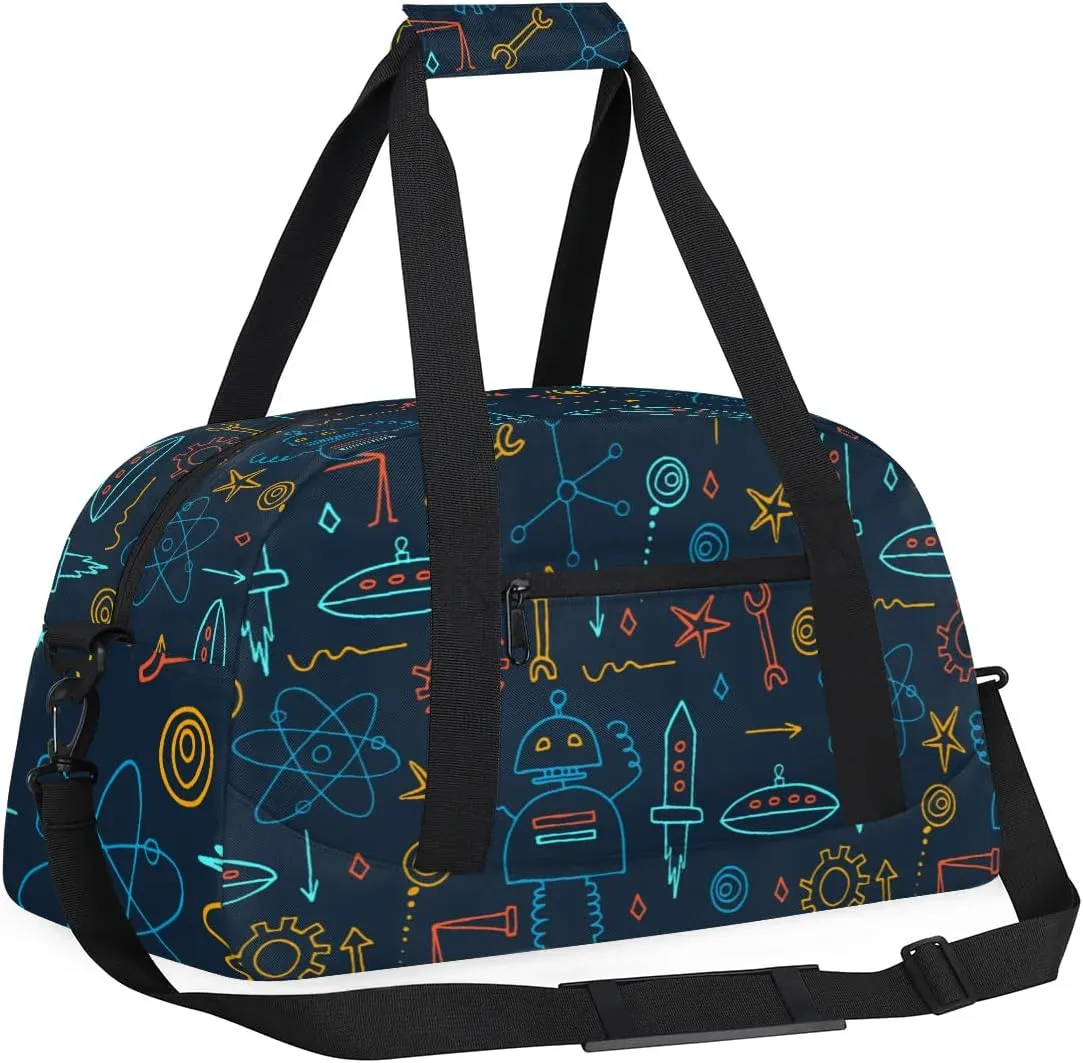 Robot Kids Overnighter Duffel Bags for Boys Girls, Carry-On Size Sports Gym Bag with Front Zipper Pocket for School Practice or Overnight Travel Weekender Sleepover Tote Bag