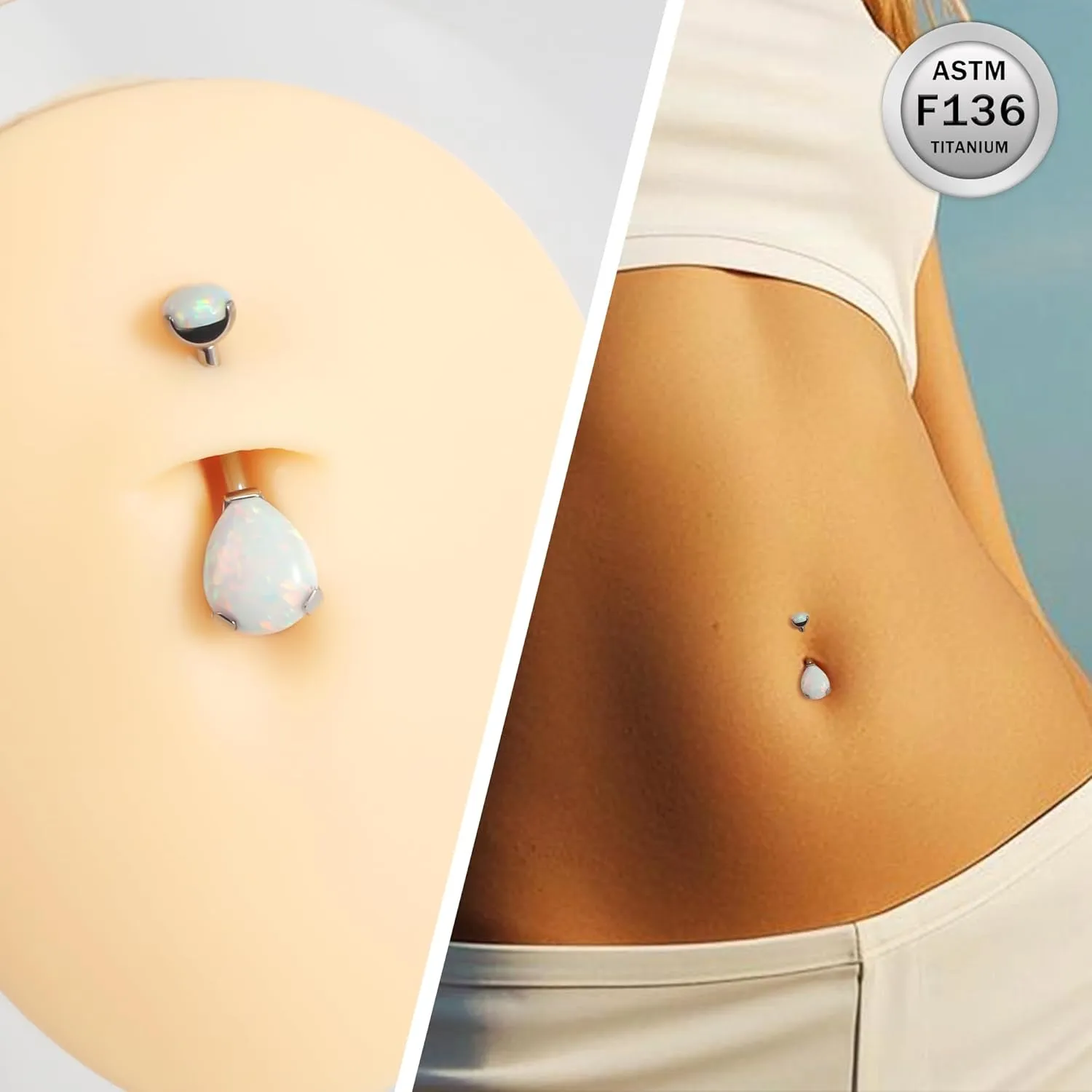 Ruifan ASTM F136 Titanium Belly Button Rings 14G Opal Drop Belly Navel Rings 10mm Bar Body Piercing Jewelry Navel Ring With 1PCS Curved Piercing Taper