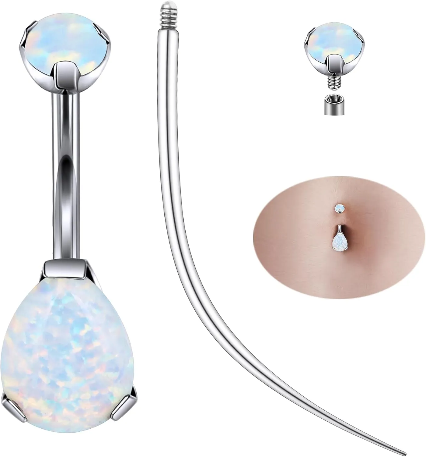 Ruifan ASTM F136 Titanium Belly Button Rings 14G Opal Drop Belly Navel Rings 10mm Bar Body Piercing Jewelry Navel Ring With 1PCS Curved Piercing Taper