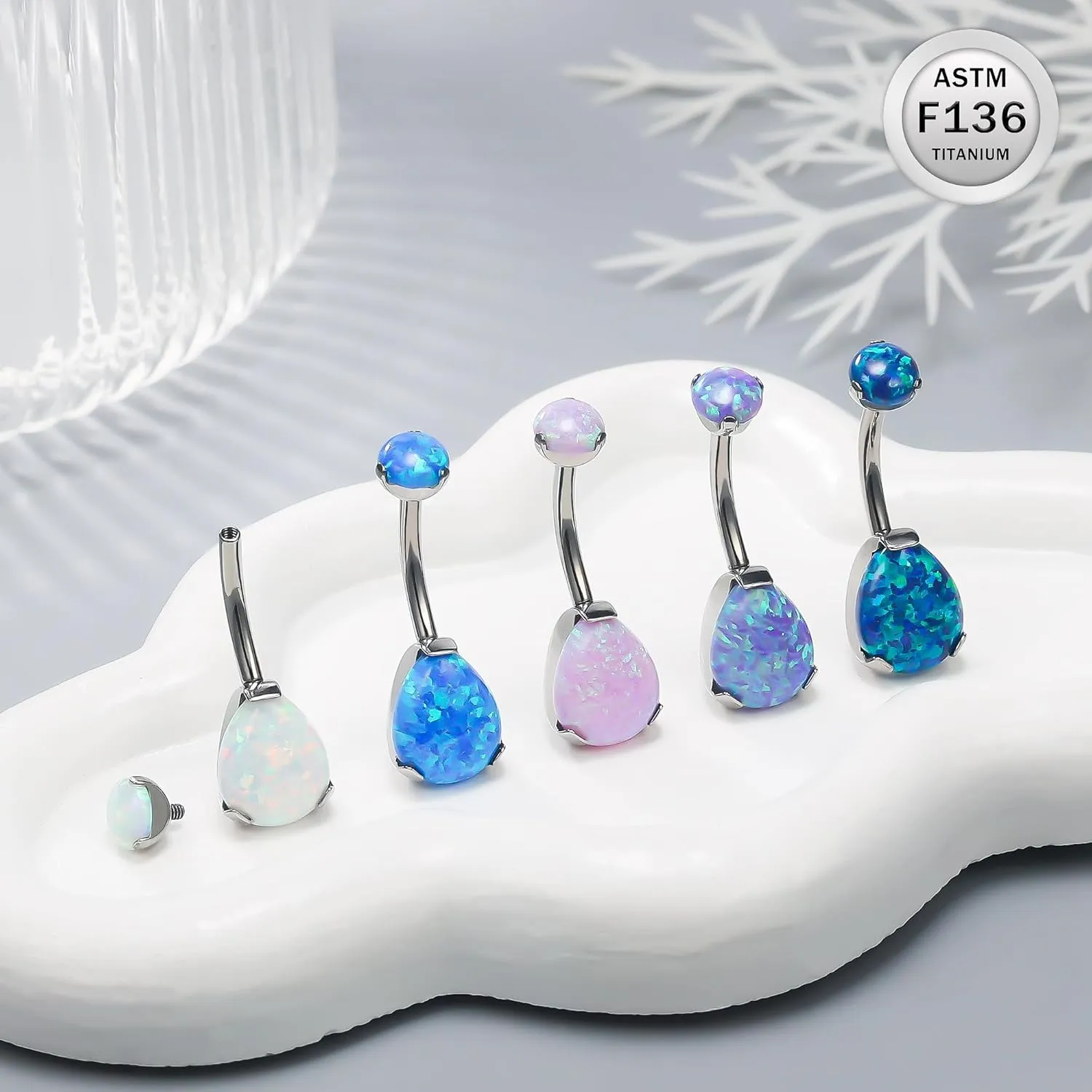 Ruifan ASTM F136 Titanium Belly Button Rings 14G Opal Drop Belly Navel Rings 10mm Bar Body Piercing Jewelry Navel Ring With 1PCS Curved Piercing Taper