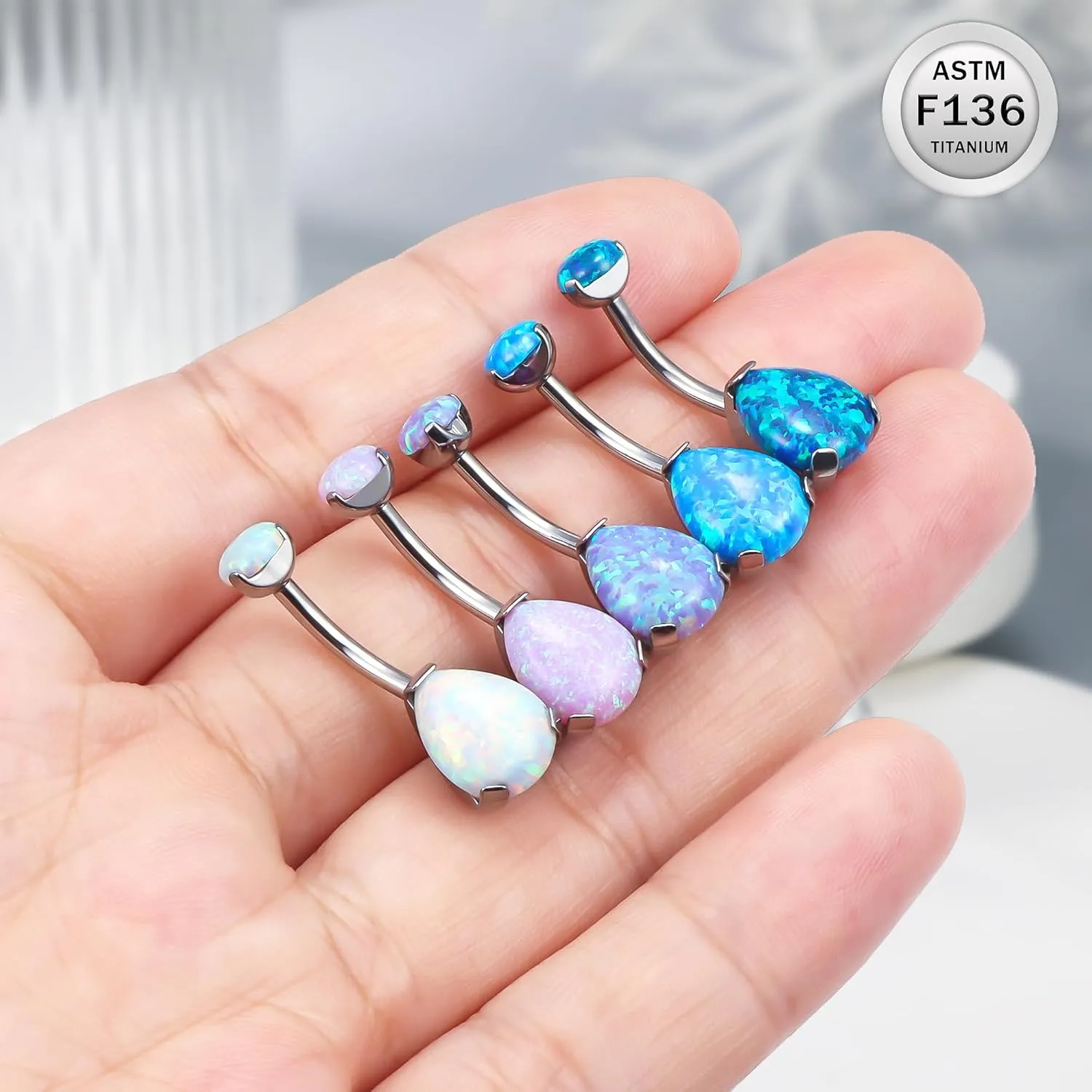 Ruifan ASTM F136 Titanium Belly Button Rings 14G Opal Drop Belly Navel Rings 10mm Bar Body Piercing Jewelry Navel Ring With 1PCS Curved Piercing Taper