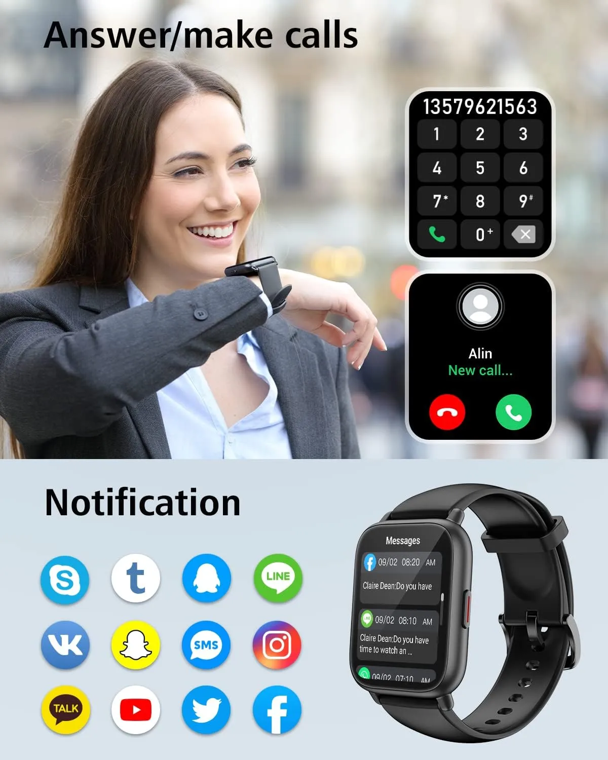 RUIMEN Smart Watches for Men Women (Answer/Make Calls, 2 Bands Included), 1.8" Smartwatch for iOS/Android Phones, Fitness Tracker Heart Rate/Sleep Monitor Digital Watch Waterproof Black