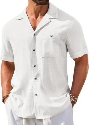 Runcati Men's Button Down Shirts Short Sleeve Cuban Collar Casual Cotton Linen Shirt Lightweight Summer Tops
