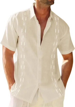 Runcati Mens Linen Shirt Guayabera Cuban Short Sleeve Button Down Cotton Summer Beach Hippie Shirts