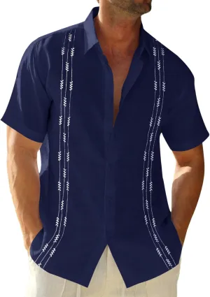 Runcati Mens Linen Shirt Guayabera Cuban Short Sleeve Button Down Cotton Summer Beach Hippie Shirts