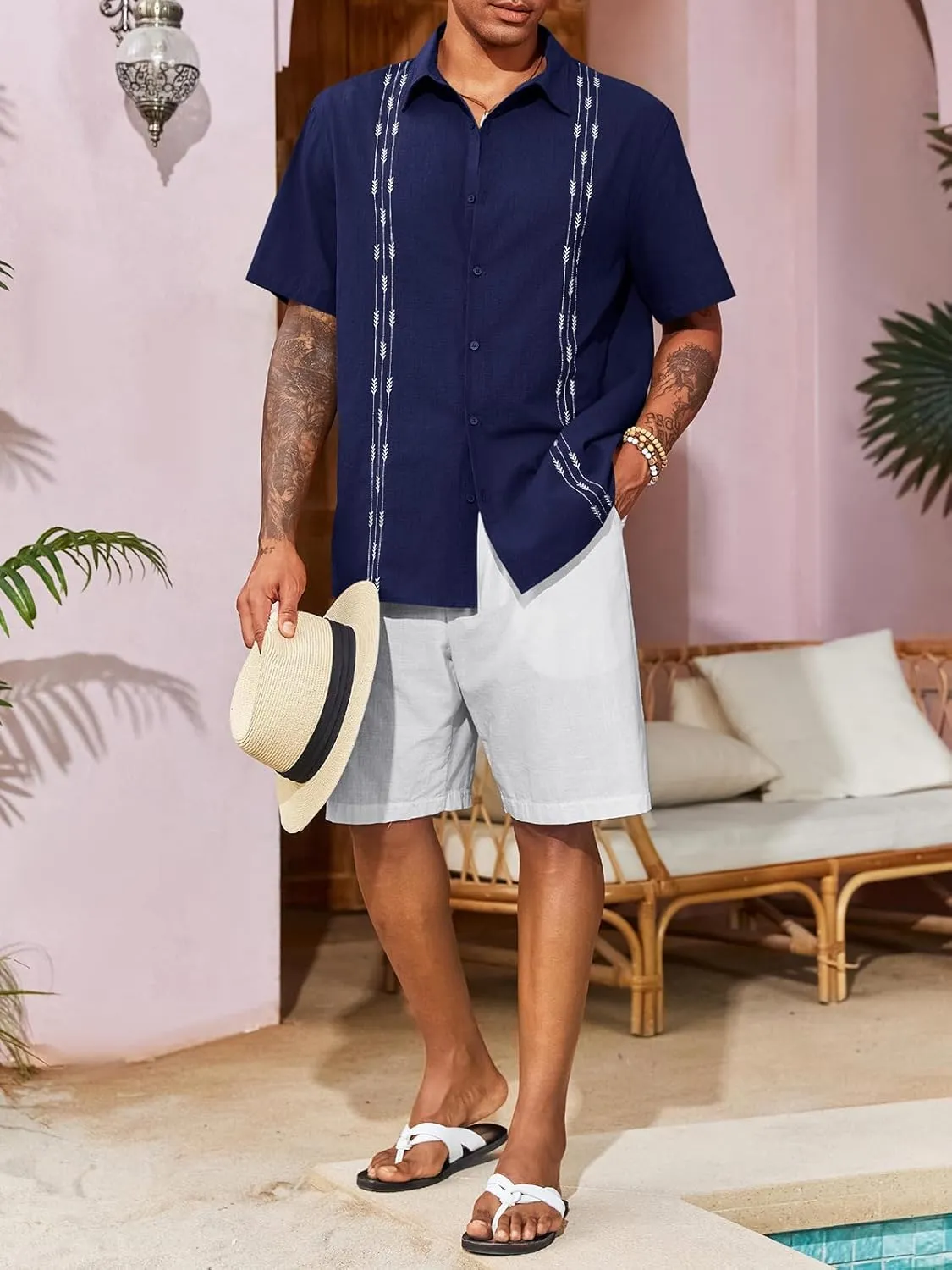 Runcati Mens Linen Shirt Guayabera Cuban Short Sleeve Button Down Cotton Summer Beach Hippie Shirts