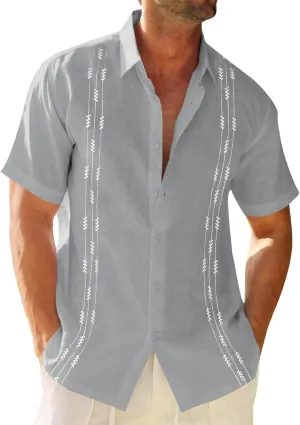 Runcati Mens Linen Shirt Guayabera Cuban Short Sleeve Button Down Cotton Summer Beach Hippie Shirts