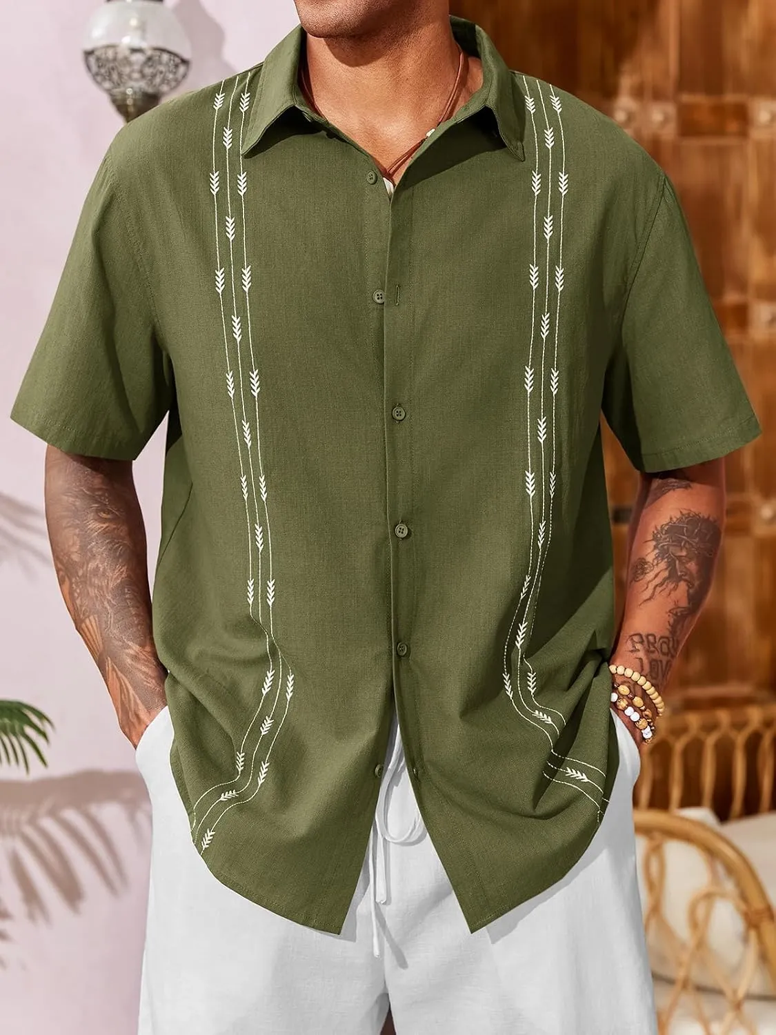 Runcati Mens Linen Shirt Guayabera Cuban Short Sleeve Button Down Cotton Summer Beach Hippie Shirts