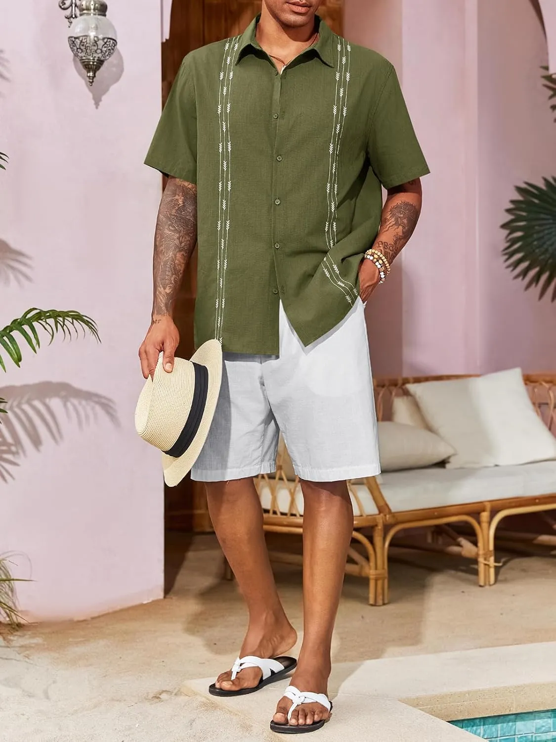 Runcati Mens Linen Shirt Guayabera Cuban Short Sleeve Button Down Cotton Summer Beach Hippie Shirts