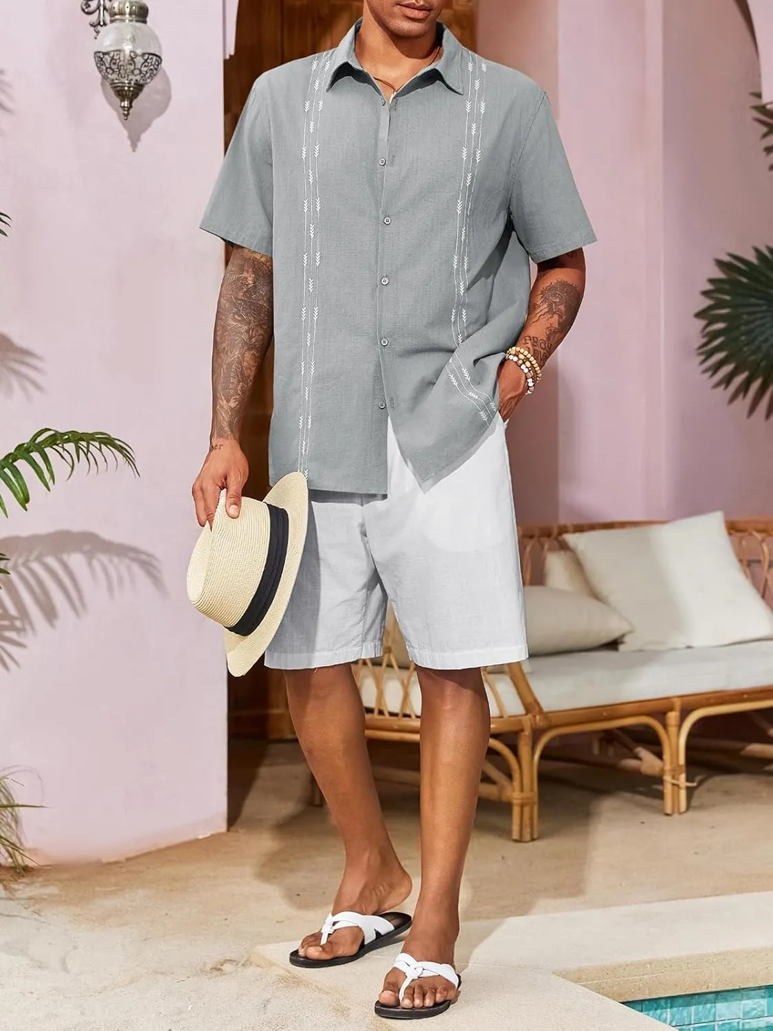Runcati Mens Linen Shirt Guayabera Cuban Short Sleeve Button Down Cotton Summer Beach Hippie Shirts