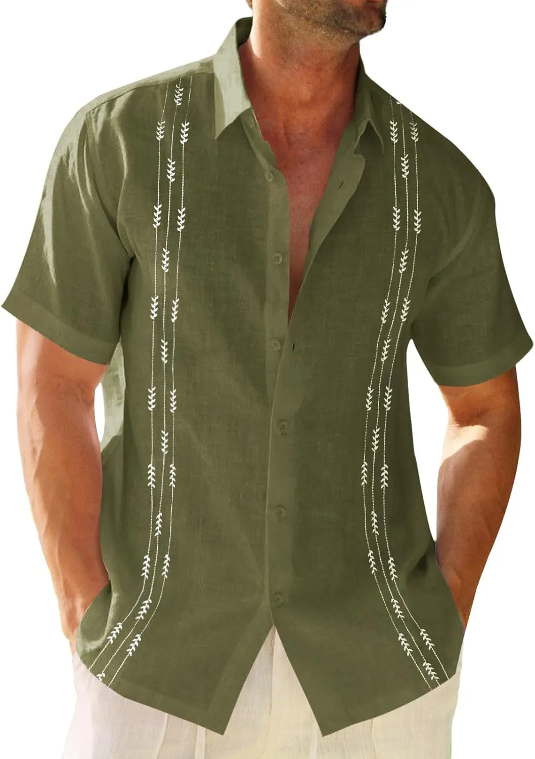 Runcati Mens Linen Shirt Guayabera Cuban Short Sleeve Button Down Cotton Summer Beach Hippie Shirts