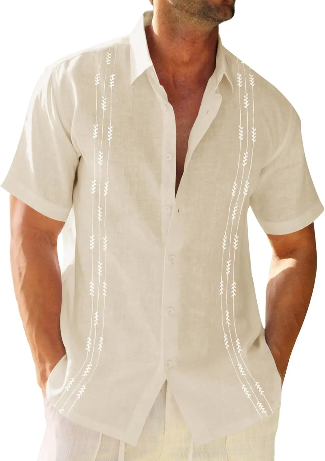 Runcati Mens Linen Shirt Guayabera Cuban Short Sleeve Button Down Cotton Summer Beach Hippie Shirts