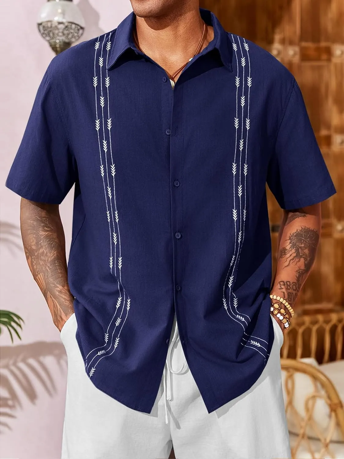 Runcati Mens Linen Shirt Guayabera Cuban Short Sleeve Button Down Cotton Summer Beach Hippie Shirts