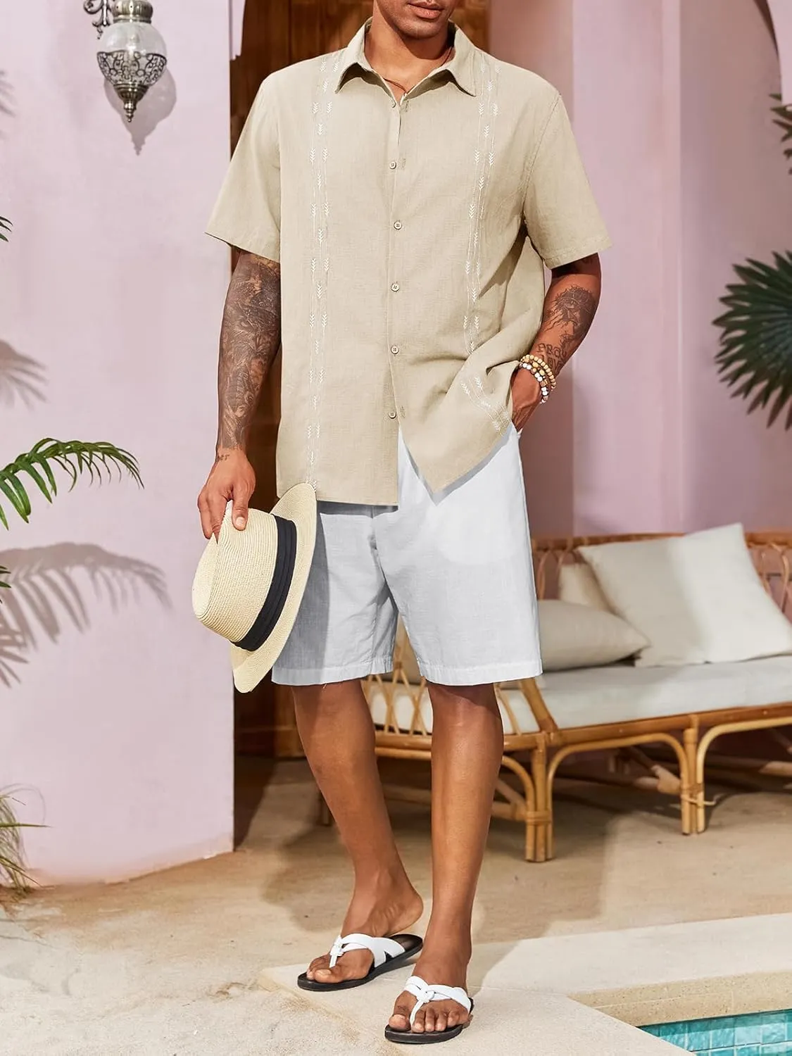 Runcati Mens Linen Shirt Guayabera Cuban Short Sleeve Button Down Cotton Summer Beach Hippie Shirts