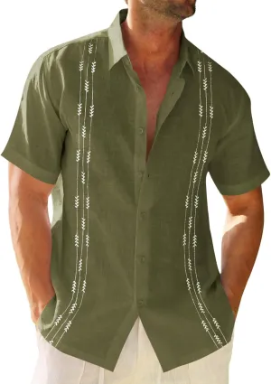 Runcati Mens Linen Shirt Guayabera Cuban Short Sleeve Button Down Cotton Summer Beach Hippie Shirts