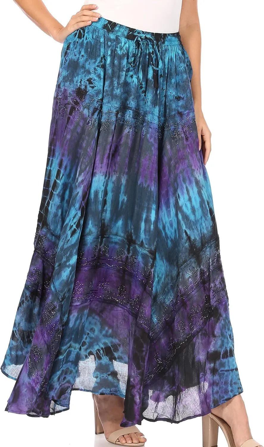 Sakkas Ester Womens Simple Boho Maxi Full Circle Tie-dye Skirt with Elastic Waist