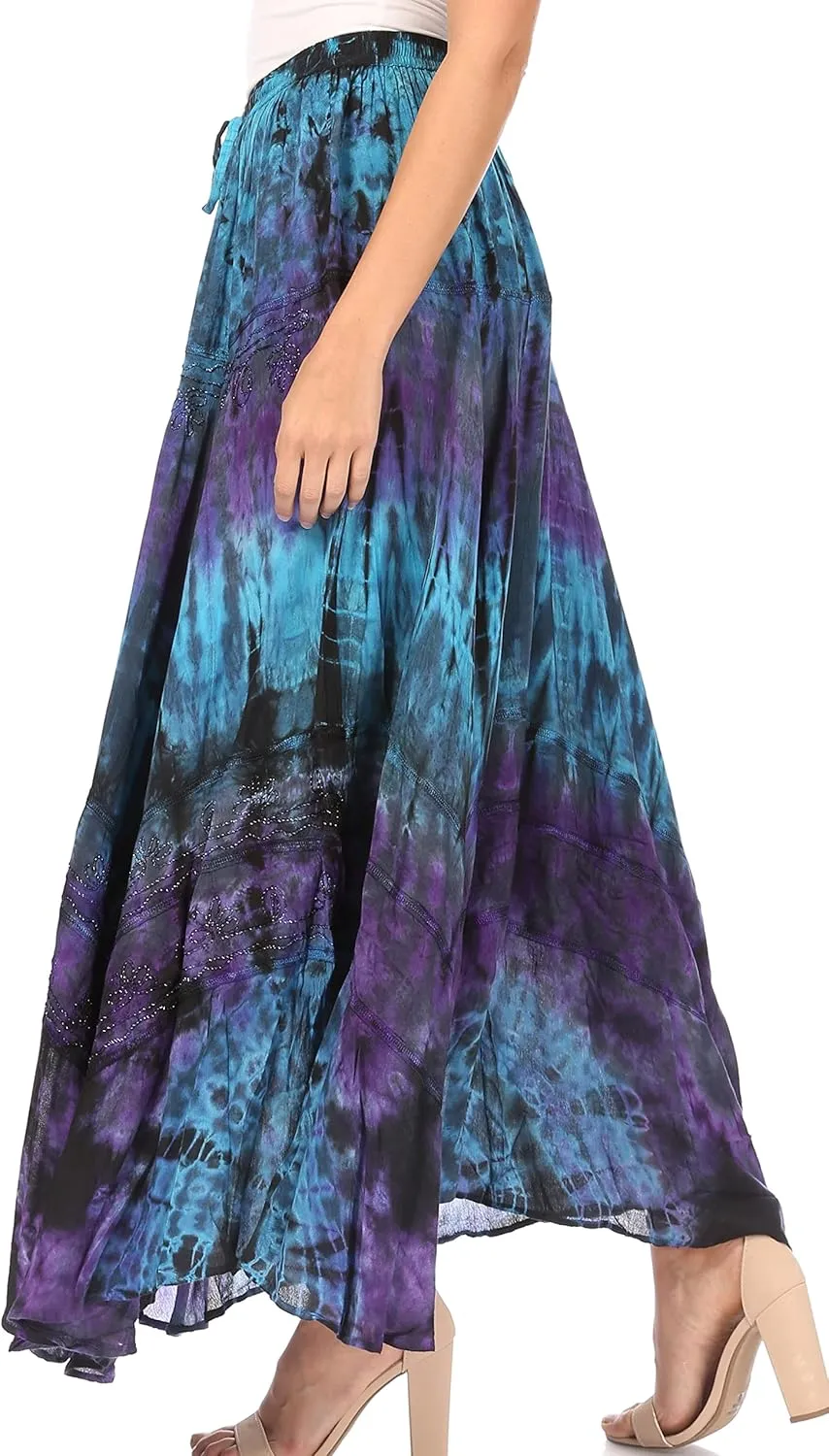 Sakkas Ester Womens Simple Boho Maxi Full Circle Tie-dye Skirt with Elastic Waist
