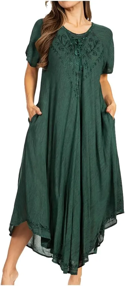 Sakkas Lilia Embroidered Lace Up Bodice Relaxed Fit Maxi Sun Dress