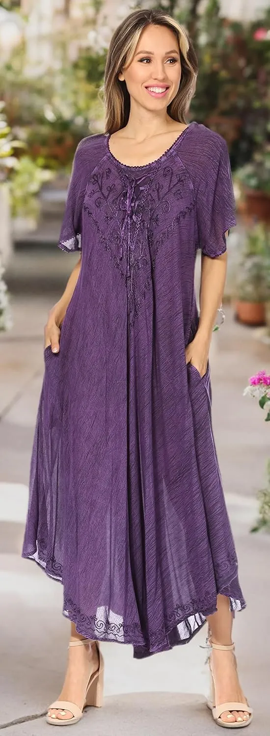 Sakkas Lilia Embroidered Lace Up Bodice Relaxed Fit Maxi Sun Dress