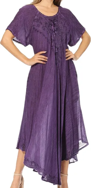 Sakkas Lilia Embroidered Lace Up Bodice Relaxed Fit Maxi Sun Dress