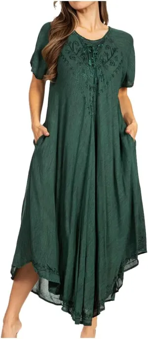 Sakkas Lilia Embroidered Lace Up Bodice Relaxed Fit Maxi Sun Dress